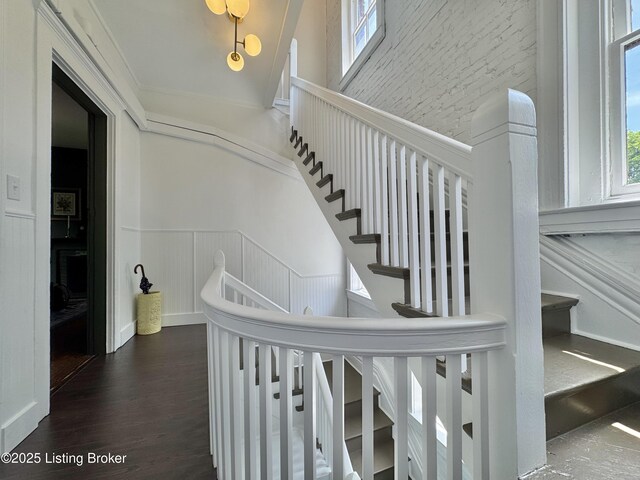 416 Belgravia Ct, Louisville, KY 40208 - stairway featuring healthy amount of natural light, a wainscoted wall, wood finished floors, and a decorative wall