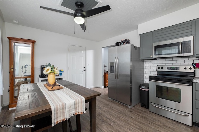 1008 E Mailback Way, Crestwood, KY 40014 - kitchen with appliances with stainless steel finishes, dark wood finished floors, backsplash, gray cabinets, and ceiling fan