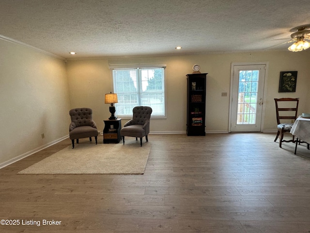 64 Probus Rd, Leitchfield, KY 42754 - living area with a textured ceiling, wood finished floors, ornamental molding, recessed lighting, and ceiling fan