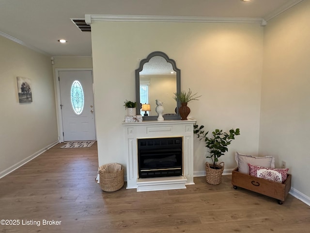 64 Probus Rd, Leitchfield, KY 42754 - foyer featuring crown molding, wood finished floors, recessed lighting, and a glass covered fireplace