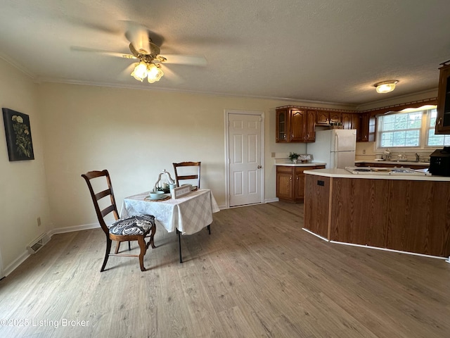 64 Probus Rd, Leitchfield, KY 42754 - kitchen featuring white appliances, light wood-style floors, light countertops, ornamental molding, and a ceiling fan