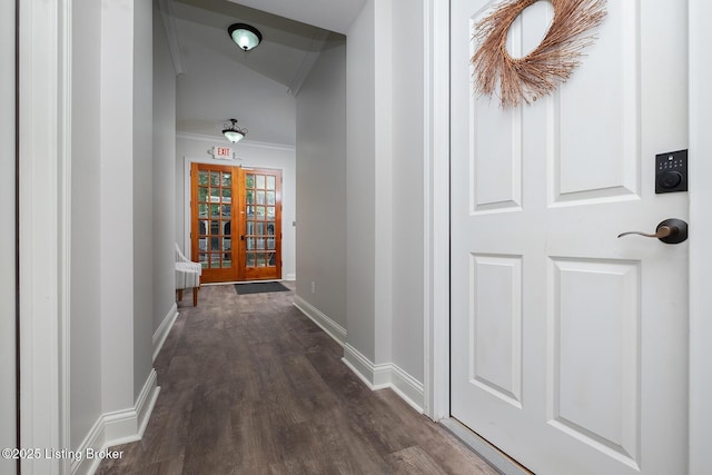 9508 Norton Commons Blvd Unit 102, Prospect, KY 40059 - hall featuring dark wood-style floors, french doors, and lofted ceiling
