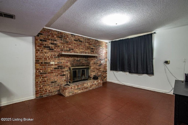 825 Crocus Dr, Radcliff, KY 40160 - unfurnished living room featuring a textured ceiling, a brick fireplace, and tile patterned floors