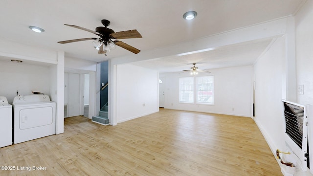 1117 6th St, Carrollton, KY 41008 - unfurnished living room with heating unit, washing machine and clothes dryer, ceiling fan, light wood-style flooring, and recessed lighting