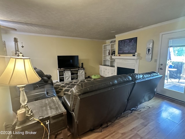 509 Piping Rock Rd, Brandenburg, KY 40108 - living area featuring wood finished floors, ornamental molding, a fireplace, and a textured ceiling