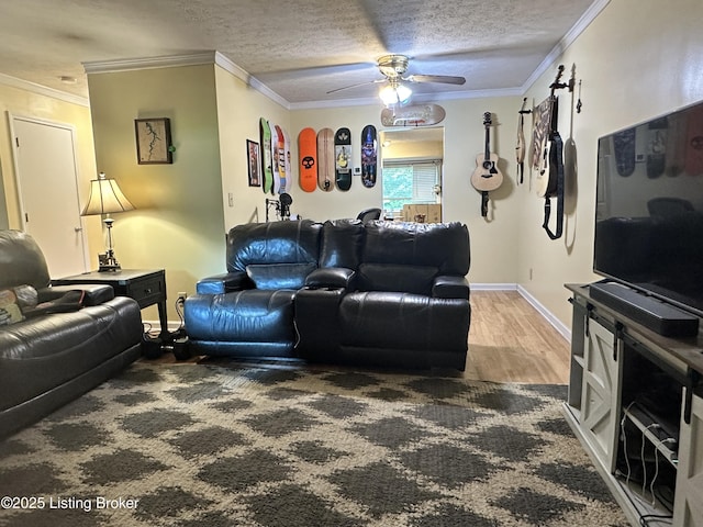 509 Piping Rock Rd, Brandenburg, KY 40108 - living area with a ceiling fan, ornamental molding, wood finished floors, and a textured ceiling