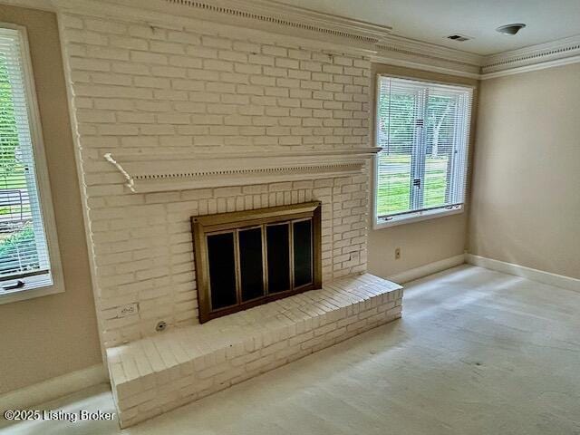 4125 Browns Ln Unit 117, Louisville, KY 40220 - unfurnished living room featuring carpet, a fireplace, and crown molding