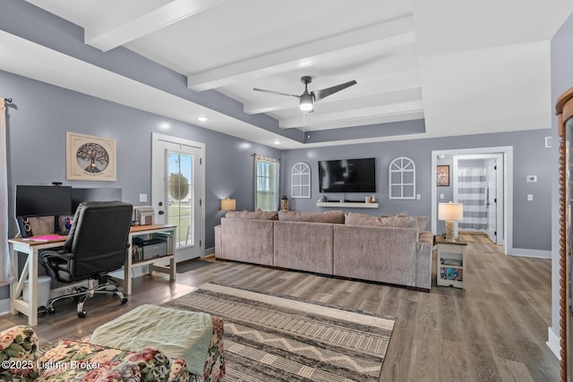 63 Davis Norton Ln, Harned, KY 40144 - living area with wood finished floors, beamed ceiling, an office area, a ceiling fan, and recessed lighting