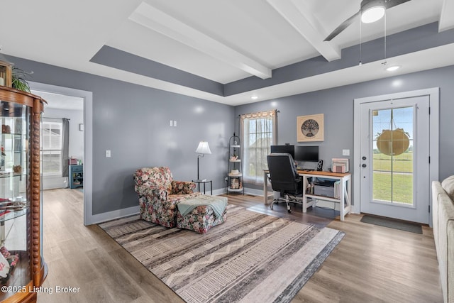 63 Davis Norton Ln, Harned, KY 40144 - home office with wood finished floors, beam ceiling, a ceiling fan, and recessed lighting