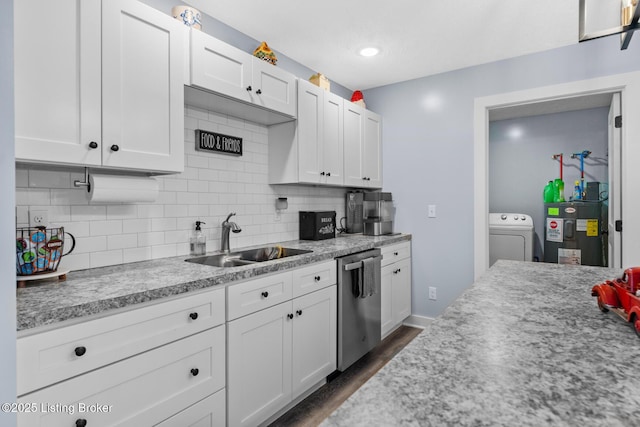63 Davis Norton Ln, Harned, KY 40144 - kitchen featuring dishwasher, washer / clothes dryer, electric water heater, decorative backsplash, and white cabinetry