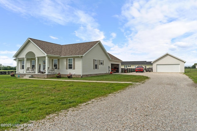 63 Davis Norton Ln, Harned, KY 40144 - ranch-style home with covered porch, a front lawn, crawl space, a shingled roof, and gravel driveway