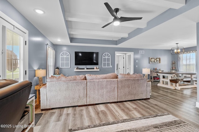 63 Davis Norton Ln, Harned, KY 40144 - living room featuring wood finished floors, beamed ceiling, ceiling fan, and recessed lighting