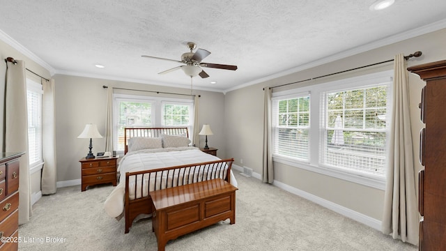 1910 Alfresco Pl, Louisville, KY 40205 - bedroom featuring recessed lighting, light carpet, a ceiling fan, a textured ceiling, and crown molding
