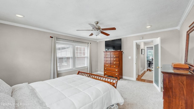 1910 Alfresco Pl, Louisville, KY 40205 - bedroom with light carpet, crown molding, recessed lighting, and a ceiling fan