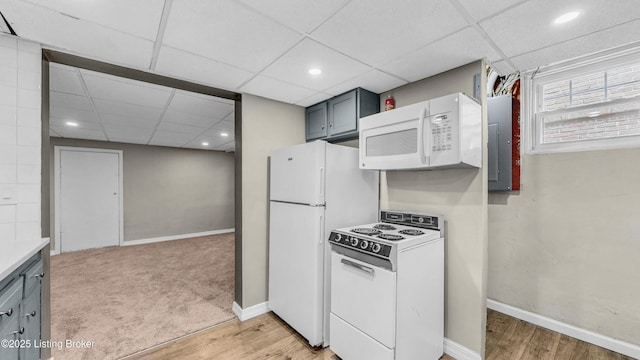 1910 Alfresco Pl, Louisville, KY 40205 - kitchen with white appliances, gray cabinetry, light wood finished floors, a drop ceiling, and light countertops