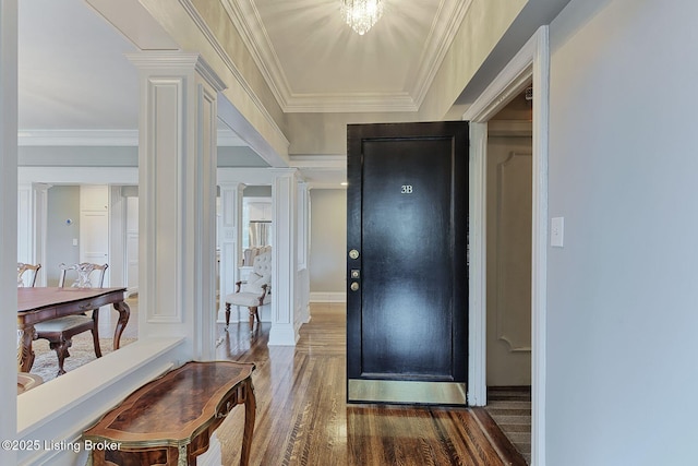 1416 Willow Ave Unit 3B, Louisville, KY 40204 - entrance foyer with ornate columns, wood finished floors, and crown molding