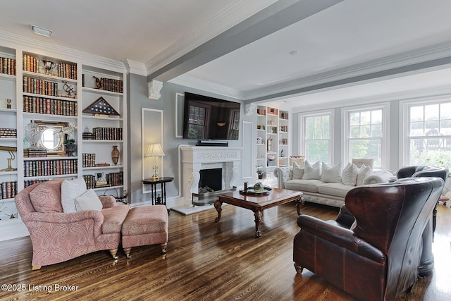 1416 Willow Ave Unit 3B, Louisville, KY 40204 - living room with ornamental molding, wood finished floors, built in features, and a fireplace with raised hearth
