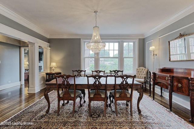 1416 Willow Ave Unit 3B, Louisville, KY 40204 - dining area with wood finished floors, a chandelier, decorative columns, and ornamental molding