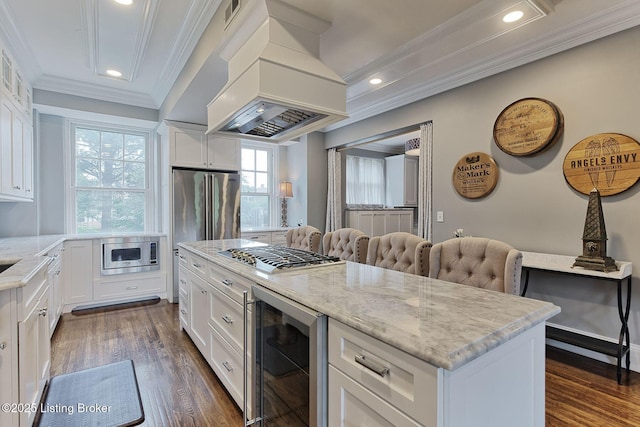 1416 Willow Ave Unit 3B, Louisville, KY 40204 - kitchen with wine cooler, premium range hood, stainless steel appliances, ornamental molding, and dark wood-type flooring