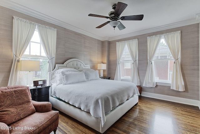 1416 Willow Ave Unit 3B, Louisville, KY 40204 - bedroom with wallpapered walls, wood finished floors, ornamental molding, and a ceiling fan