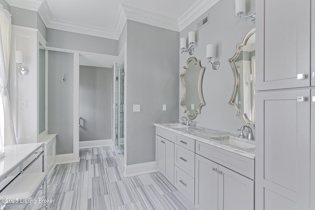 1416 Willow Ave Unit 3B, Louisville, KY 40204 - full bathroom with double vanity, a shower stall, and ornamental molding