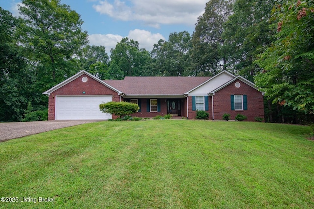 236 Bobwhite Rd, Brandenburg, KY 40108 - single story home with asphalt driveway, brick siding, a garage, and a front yard