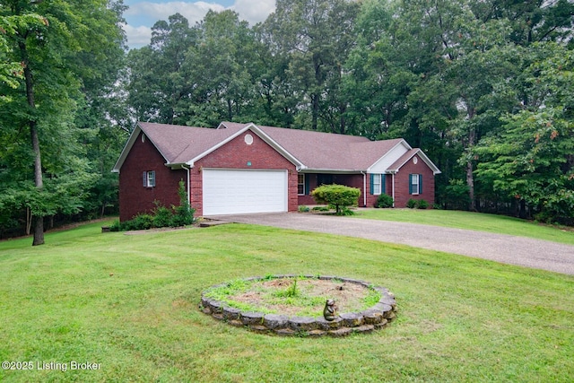 236 Bobwhite Rd, Brandenburg, KY 40108 - single story home with driveway, a garage, brick siding, and a front lawn