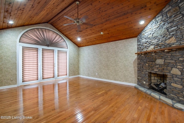 236 Bobwhite Rd, Brandenburg, KY 40108 - unfurnished living room with vaulted ceiling, a ceiling fan, wood finished floors, wooden ceiling, and a fireplace
