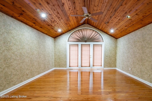 236 Bobwhite Rd, Brandenburg, KY 40108 - empty room featuring hardwood / wood-style floors, lofted ceiling, ceiling fan, wallpapered walls, and wood ceiling