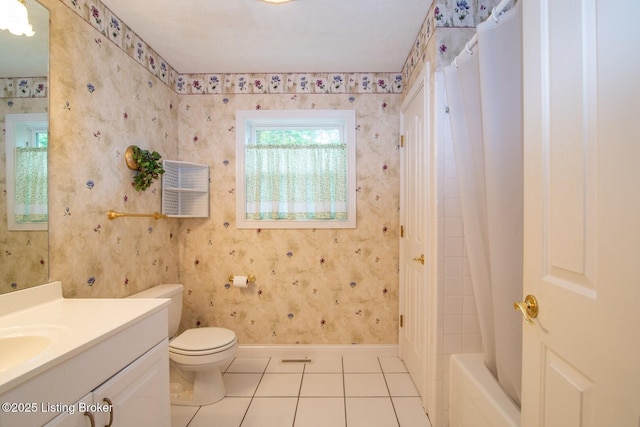 236 Bobwhite Rd, Brandenburg, KY 40108 - bathroom with vanity, tile patterned flooring, wallpapered walls, and shower / bath combination with curtain