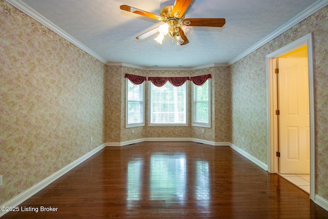 236 Bobwhite Rd, Brandenburg, KY 40108 - spare room with hardwood / wood-style floors, a textured ceiling, wallpapered walls, ceiling fan, and ornamental molding