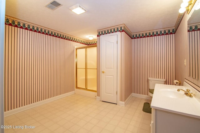 236 Bobwhite Rd, Brandenburg, KY 40108 - full bathroom with vanity, tile patterned floors, a shower stall, and wallpapered walls