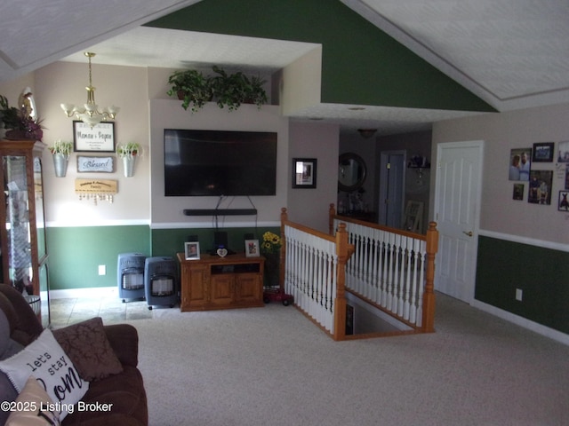 1366 Greens Chapel Rd, Bloomfield, KY 40008 - living area featuring a chandelier, lofted ceiling, and carpet flooring