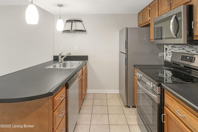 2726 Hollywood Ter Apt 101, Louisville, KY 40206 - kitchen featuring stainless steel appliances, dark countertops, brown cabinetry, backsplash, and light tile patterned floors