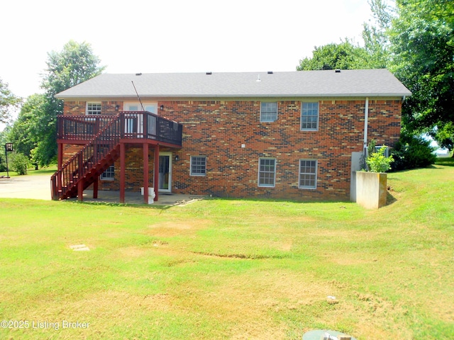 732 Poplar Flat Rd, Bardstown, KY 40004 - rear view of property featuring a wooden deck, a yard, stairs, brick siding, and a patio