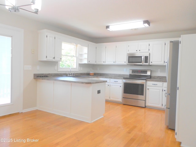 732 Poplar Flat Rd, Bardstown, KY 40004 - kitchen with stainless steel appliances, a peninsula, light wood-style floors, and white cabinets