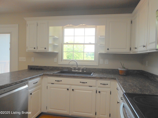 732 Poplar Flat Rd, Bardstown, KY 40004 - kitchen with dishwasher, open shelves, white cabinetry, and dark countertops