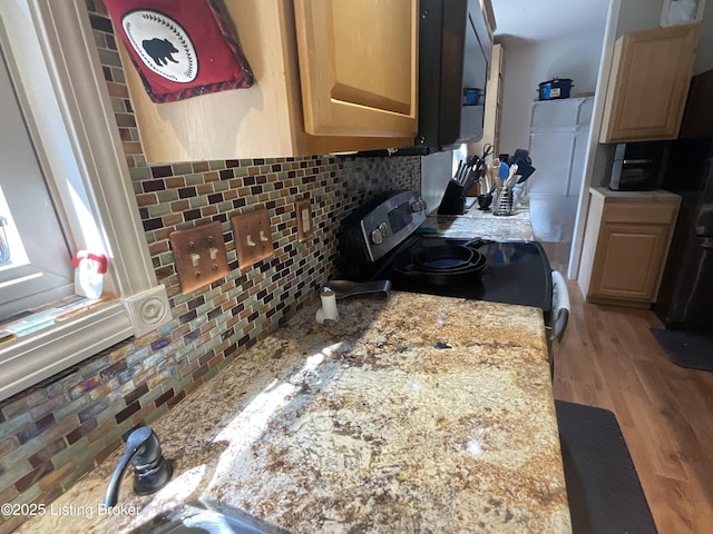 40 Sunflower Ln, Brandenburg, KY 40108 - kitchen featuring stainless steel electric range oven, decorative backsplash, and light wood finished floors