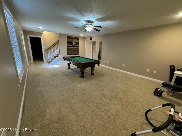 79 Brightberry Rd, Brandenburg, KY 40108 - rec room featuring a textured ceiling, ceiling fan, billiards, carpet floors, and recessed lighting