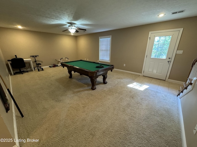 79 Brightberry Rd, Brandenburg, KY 40108 - recreation room with billiards, light carpet, a textured ceiling, a ceiling fan, and light tile patterned floors