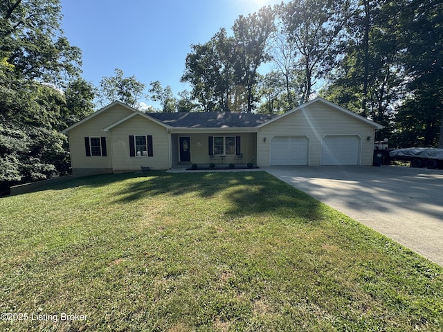 79 Brightberry Rd, Brandenburg, KY 40108 - ranch-style house with concrete driveway, a garage, a front lawn, and a porch