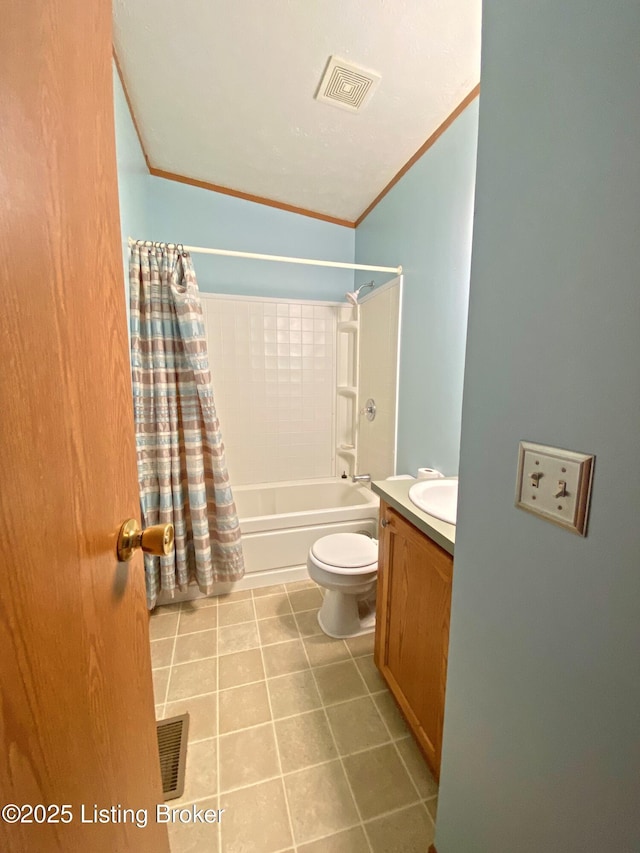 356 Armes Lively Rd, Leitchfield, KY 42754 - bathroom featuring shower / bathtub combination with curtain, crown molding, vanity, and tile patterned floors
