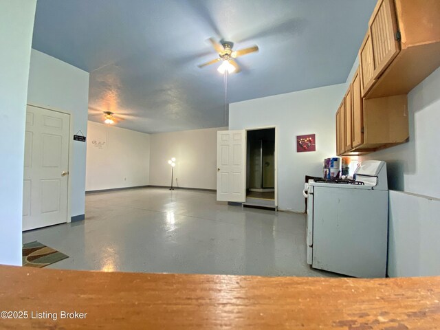 356 Armes Lively Rd, Leitchfield, KY 42754 - kitchen featuring white range with gas stovetop, ceiling fan, finished concrete floors, and brown cabinets