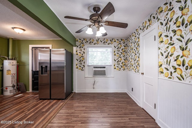 218 N Mantle Ave, Elizabethtown, KY 42701 - kitchen featuring stainless steel fridge with ice dispenser, water heater, a wainscoted wall, dark wood-style flooring, and cooling unit