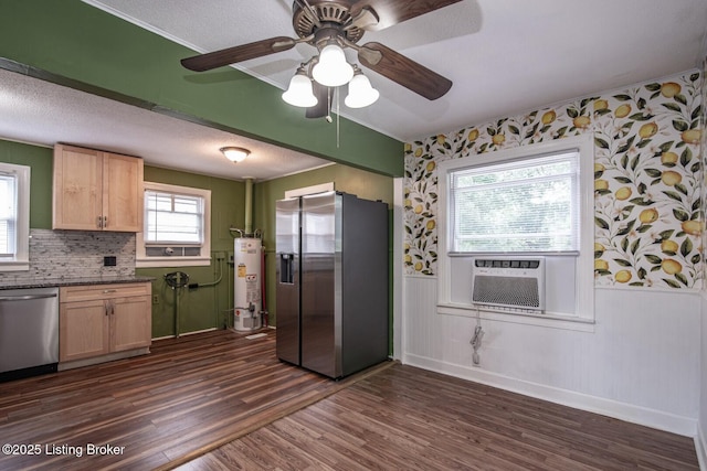 218 N Mantle Ave, Elizabethtown, KY 42701 - kitchen featuring stainless steel appliances, water heater, a wainscoted wall, dark countertops, and dark wood-style flooring