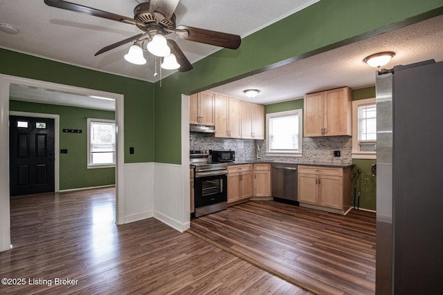 218 N Mantle Ave, Elizabethtown, KY 42701 - kitchen featuring stainless steel appliances, under cabinet range hood, light brown cabinetry, dark wood-style flooring, and ceiling fan