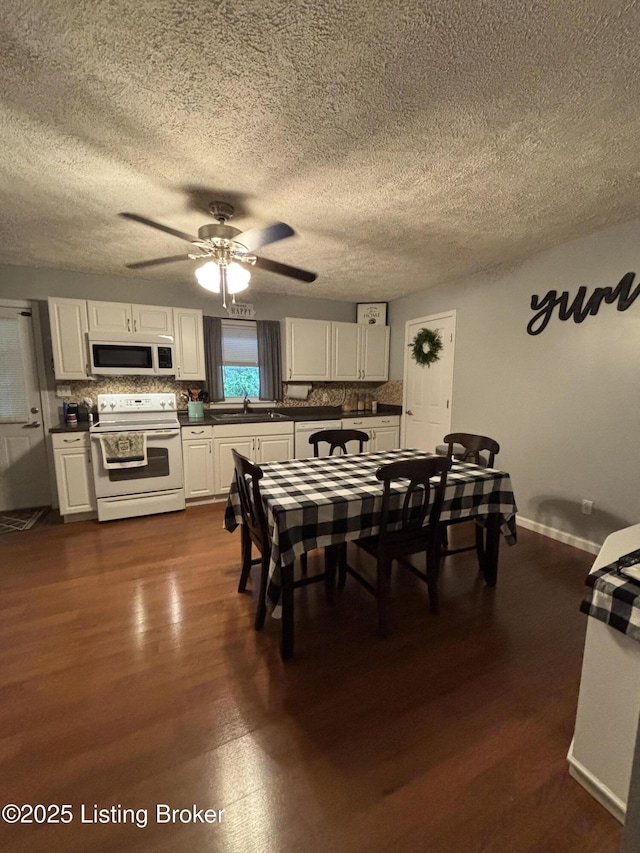 936 Old Ekron Rd, Brandenburg, KY 40108 - dining room featuring a ceiling fan, a textured ceiling, and dark wood-style floors