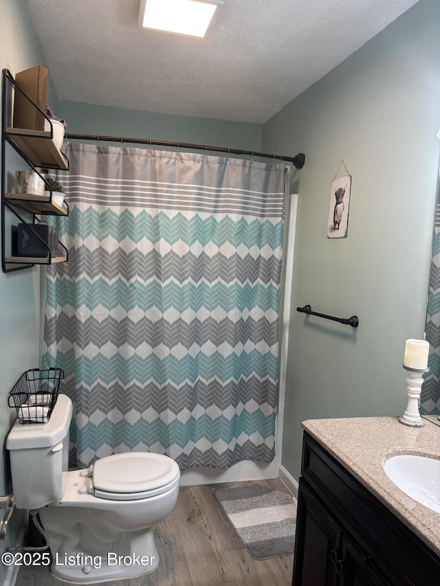 936 Old Ekron Rd, Brandenburg, KY 40108 - full bathroom with wood finished floors, vanity, a shower with curtain, and a textured ceiling