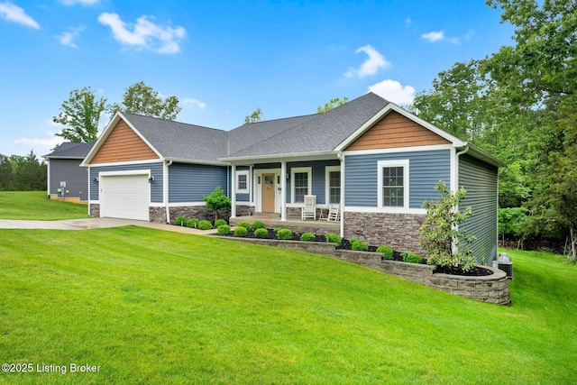 90 Glenn Eagle Rd, Brandenburg, KY 40108 - craftsman-style home featuring stone siding, a porch, an attached garage, and a front yard