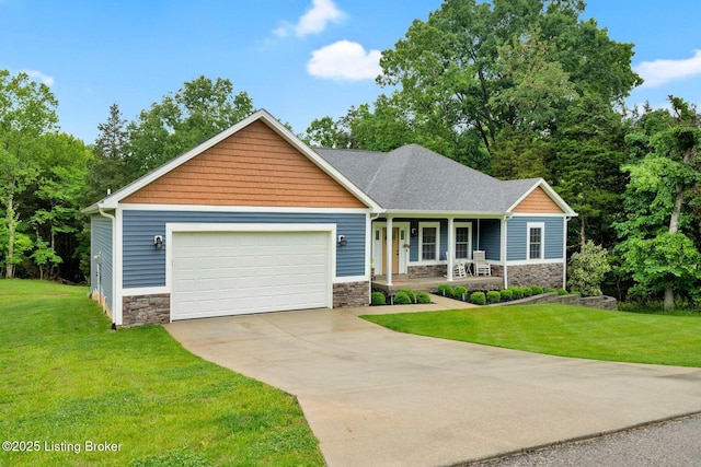 90 Glenn Eagle Rd, Brandenburg, KY 40108 - craftsman-style house featuring stone siding, a porch, a garage, and a front lawn